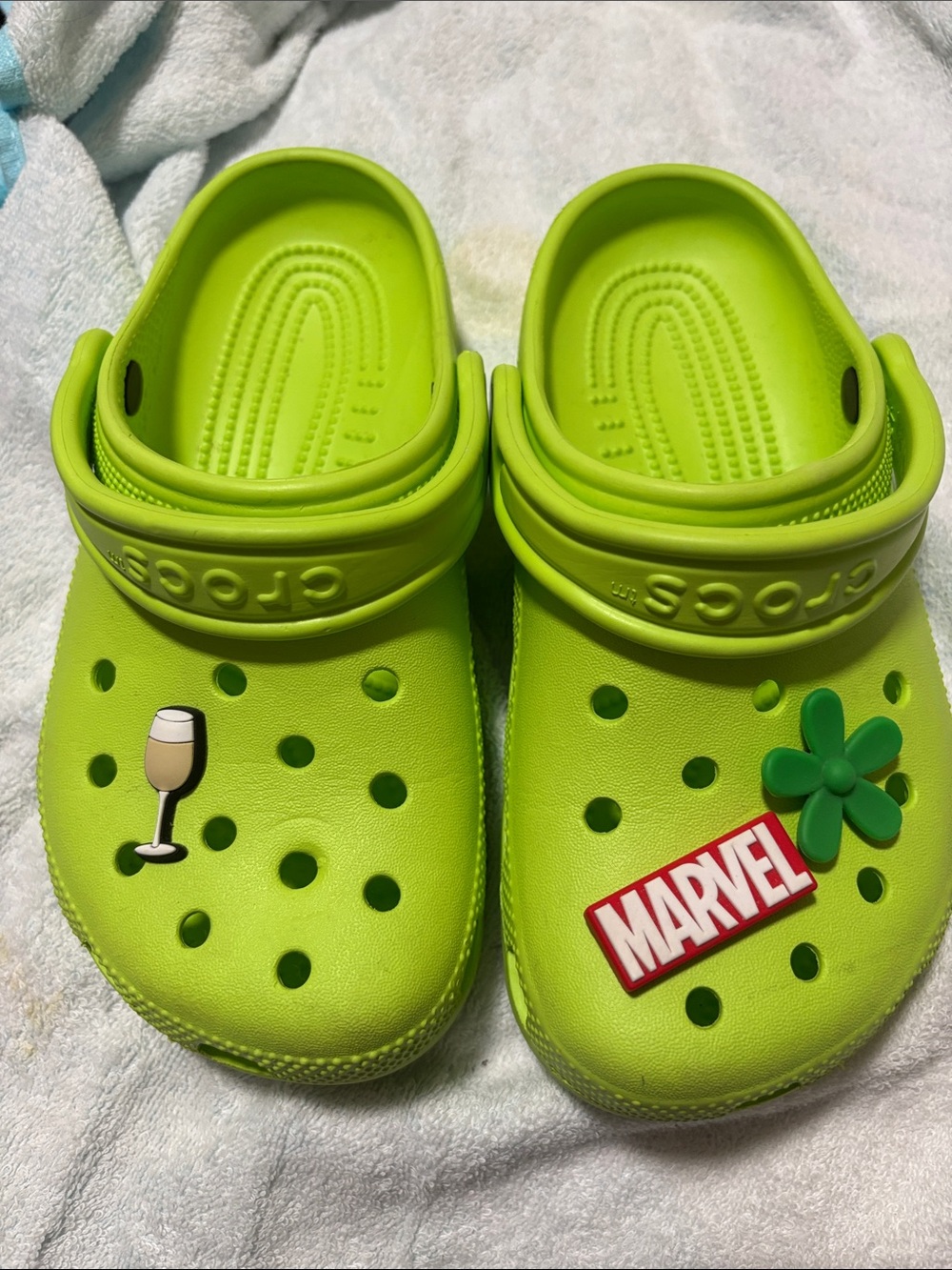 CROCS Kids Neon Lime Green Classic Clogs with Marvel & Charm Accents